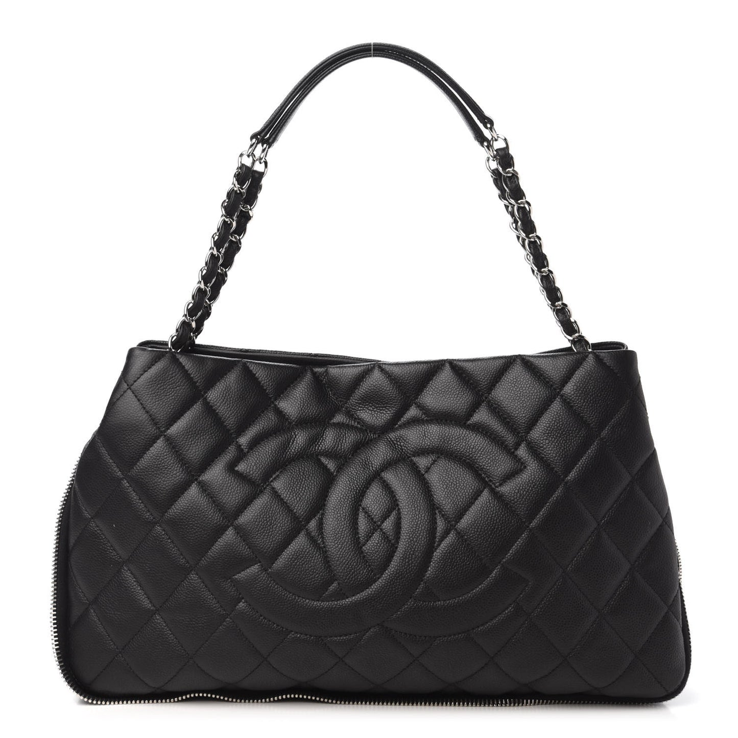 Caviar Quilted Expandable Zip Shoulder Bag Black