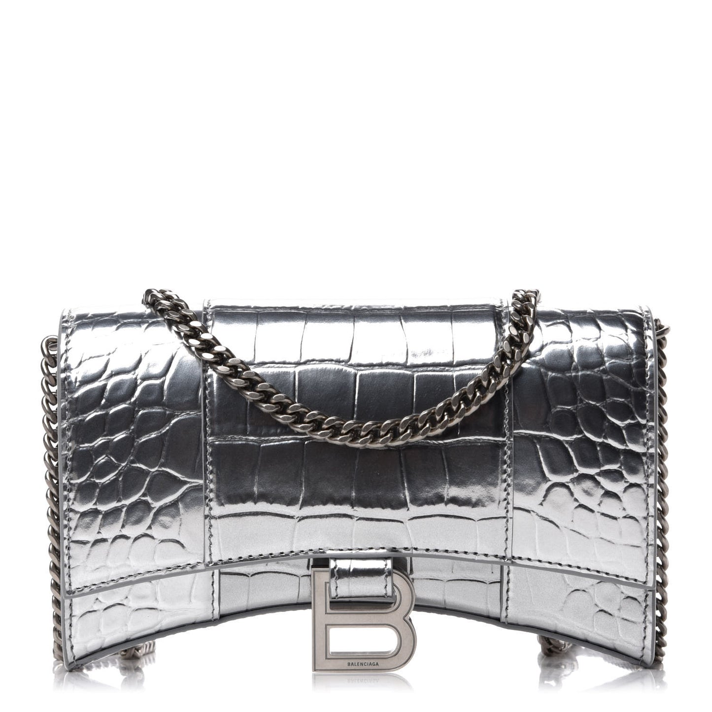 Metallic Calfskin Crocodile Embossed Hourglass Chain Bag Silver