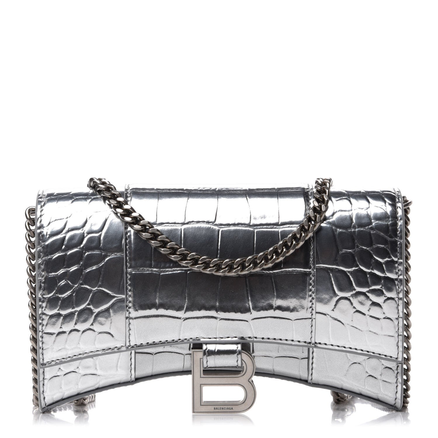 Balenciaga Metallic Calfskin Crocodile Embossed Hourglass Chain Bag Silver 1 of 11