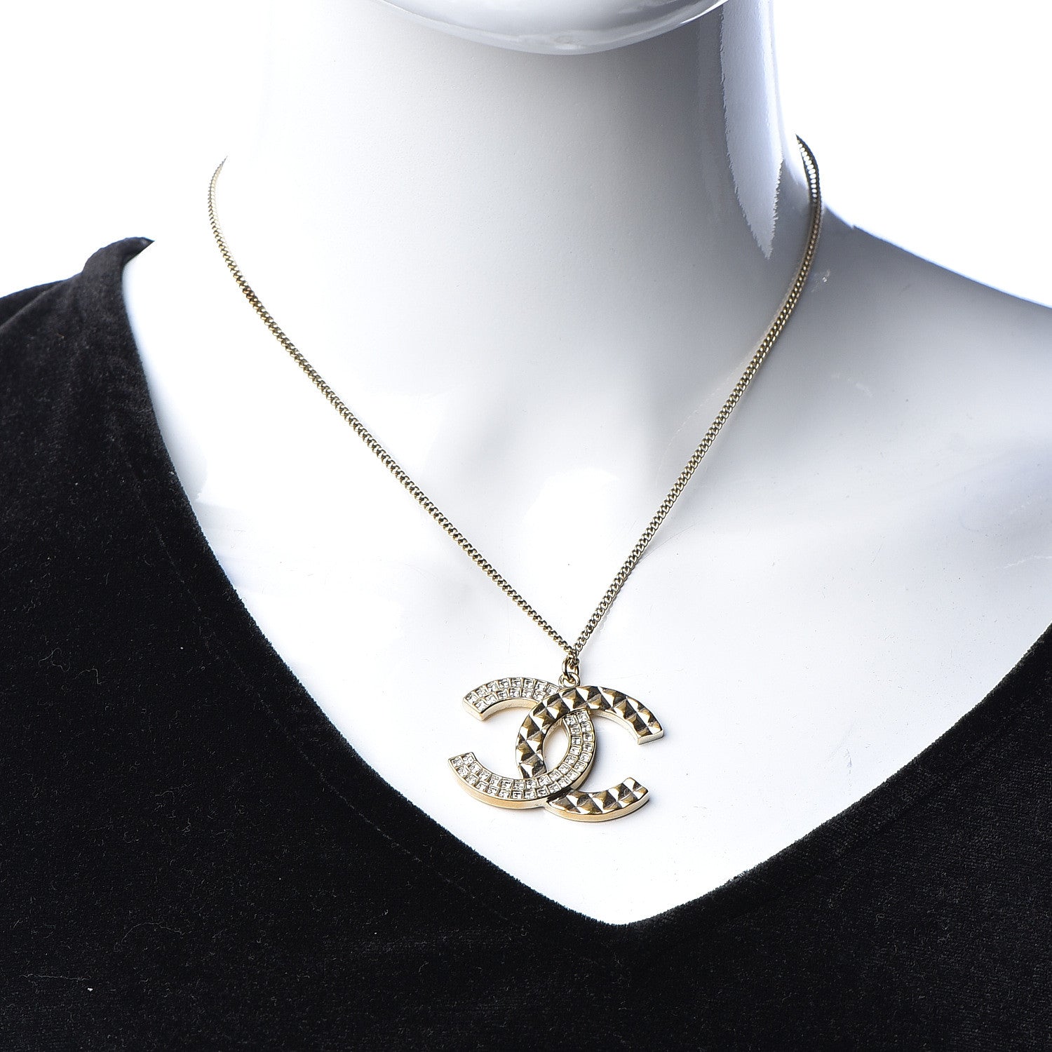 Chanel Baguette Crystal Quilted CC Pendant Necklace Gold 2 of 7