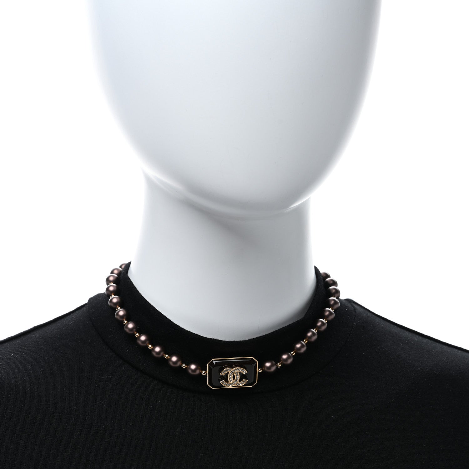 Chanel Pearl Crystal CC Choker Necklace Brown Gold 2 of 5