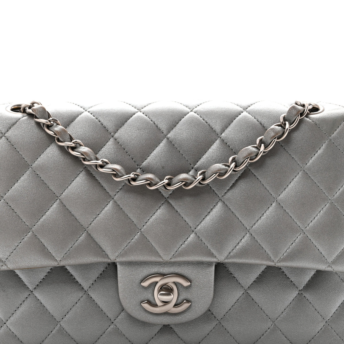 Metallic Lambskin Quilted Medium Double Flap Silver