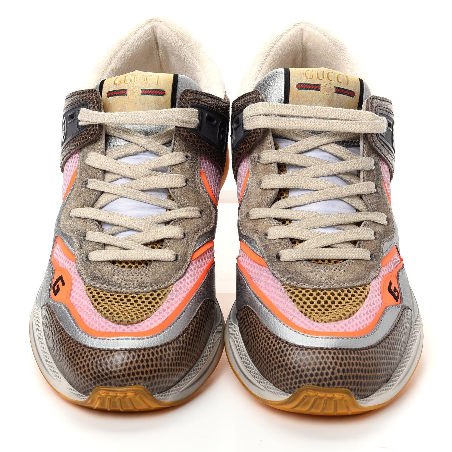 Gucci Calfskin Suede Mesh Lizard Embossed Womens Ultrapace Sneakers 40 Silver Anthracite Neon Orange 5 of 10