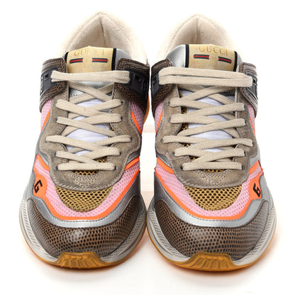 Gucci Calfskin Suede Mesh Lizard Embossed Womens Ultrapace Sneakers 40 Silver Anthracite Neon Orange 5 of 10