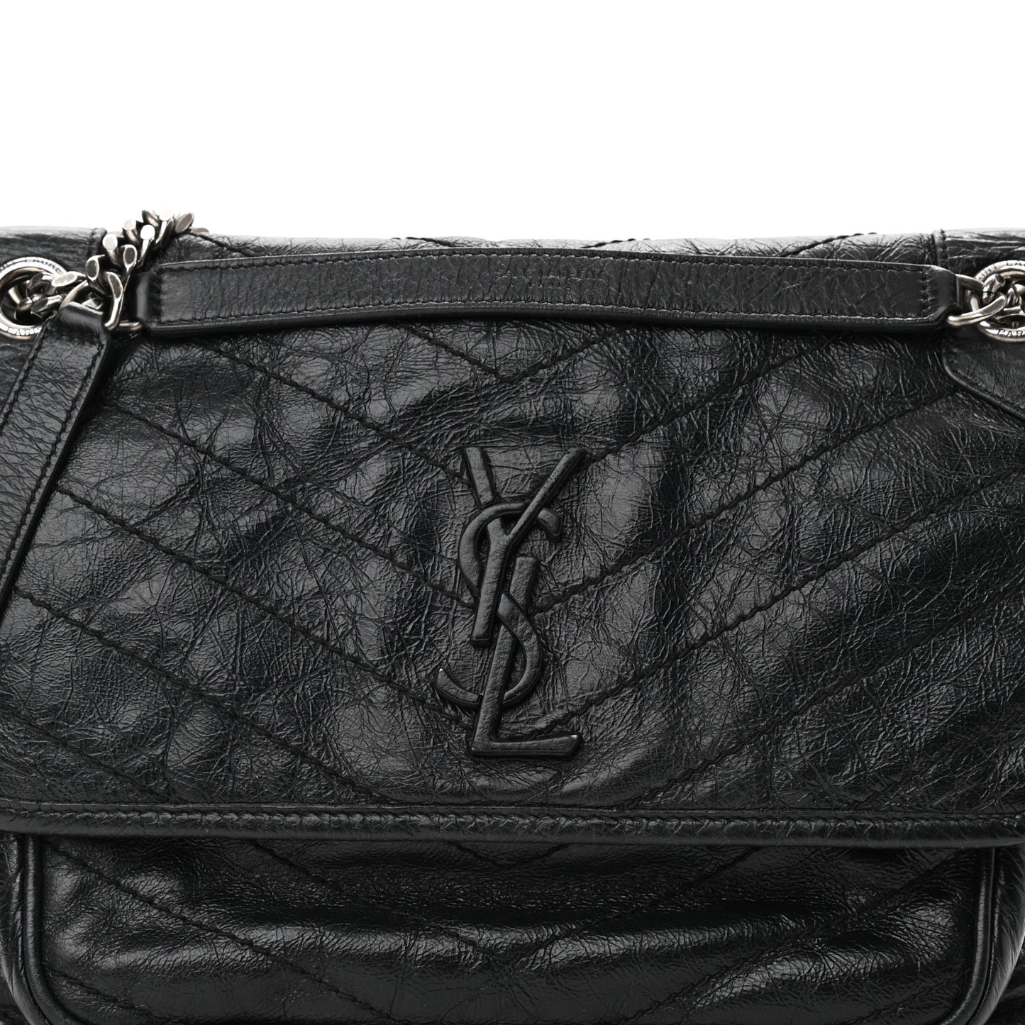 Crinkled Calfskin Matelasse Monogram Medium Niki Chain Satchel Black