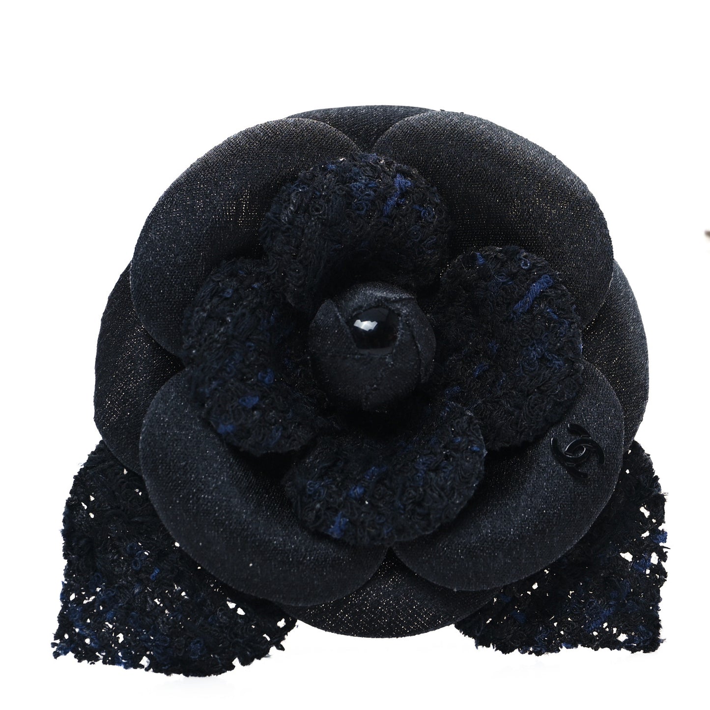 Tweed Fabric Camellia Pin Brooch Black