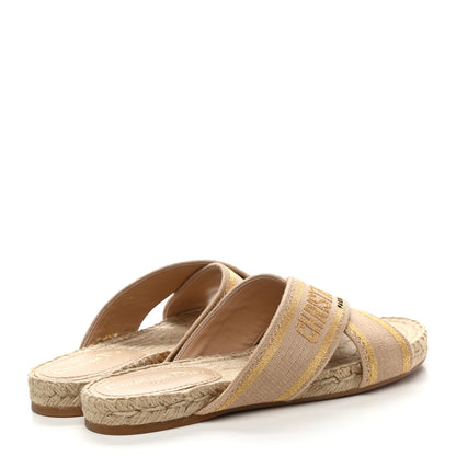 Christian Dior Canvas Embroidered Granville Espadrille Crisscross Flat Slide Sandals 37.5 Gold 4 of 9