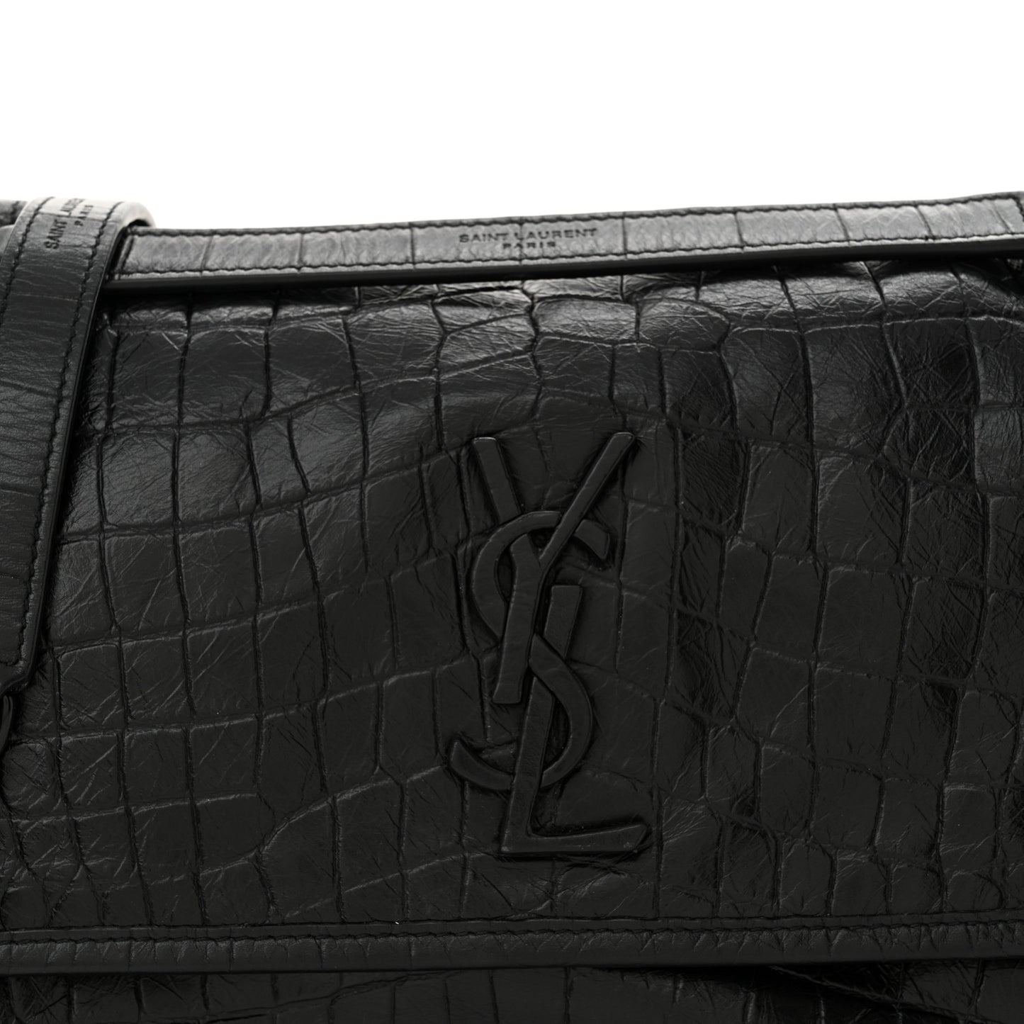 Crocodile Embossed Lambskin Monogram Medium Niki Chain Satchel Black