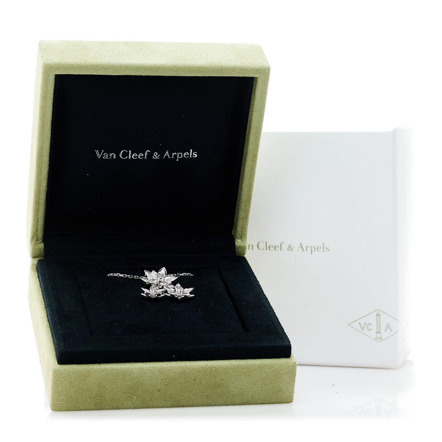 18K White Gold Diamond Lotus 3 Flowers Pendant Necklace