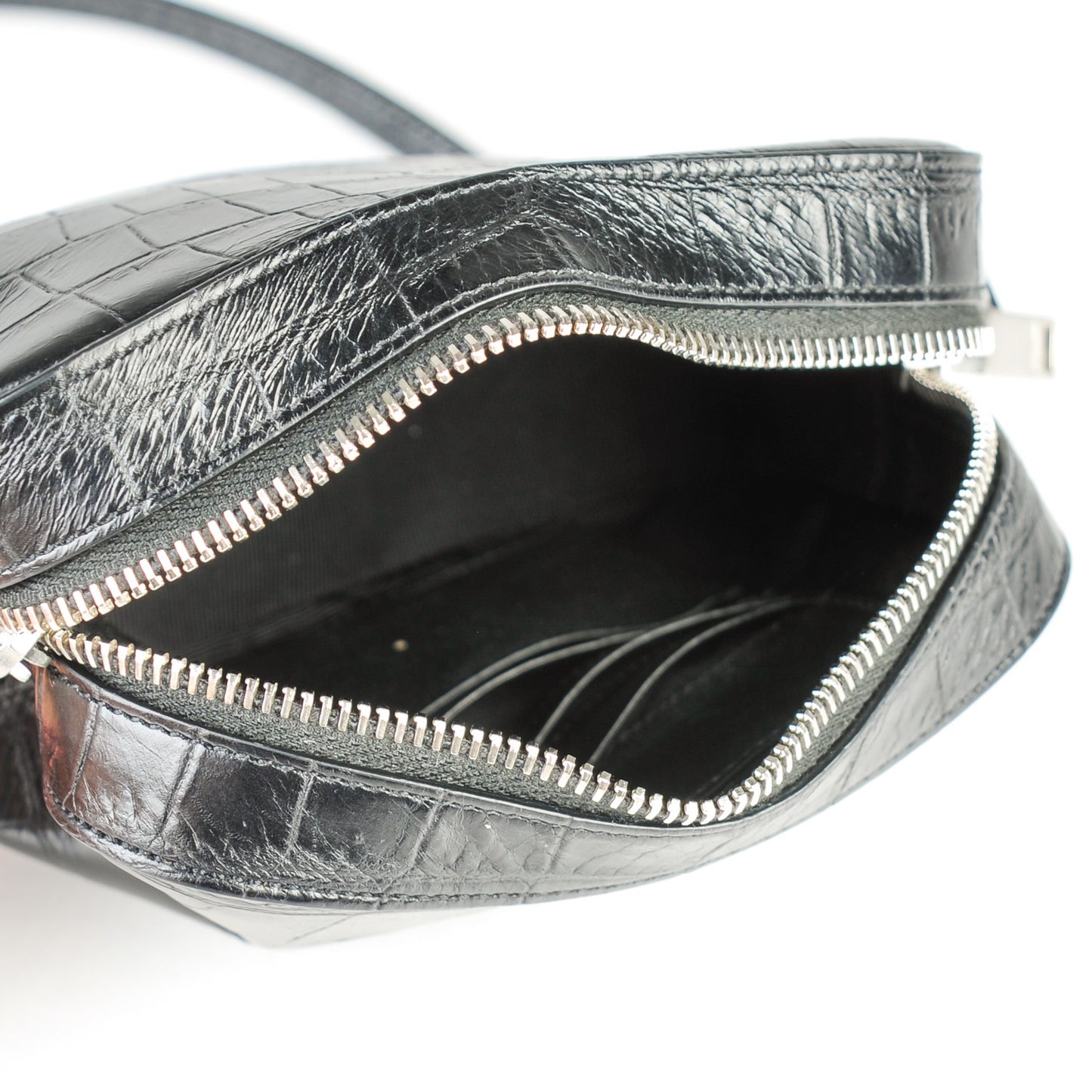 Calfskin Crocodile Embossed Small Classic Monogram Camera Bag Black