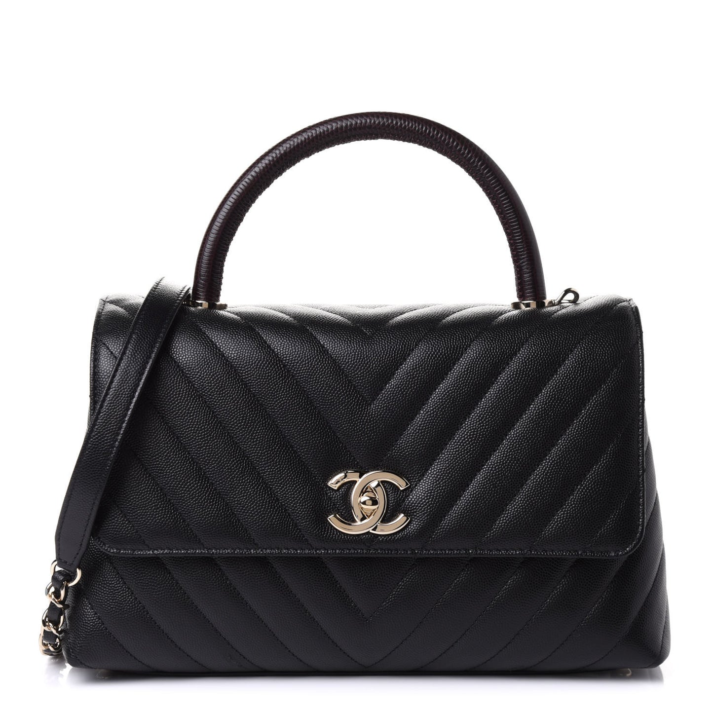 Caviar Lizard Embossed Chevron Quilted Medium Coco Handle Flap Black