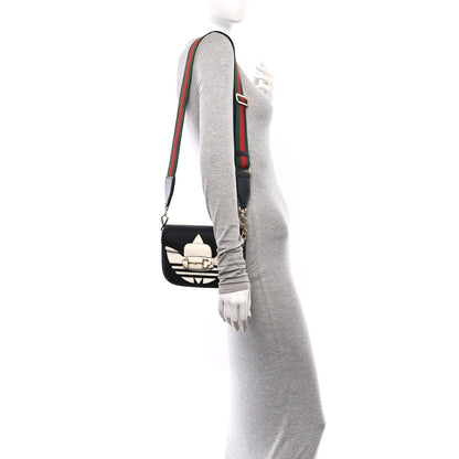 Gucci X ADIDAS Textured Dollar Calfskin Web Trefoil Mini Horsebit 1955 Shoulder Bag Black Off White 2 of 10