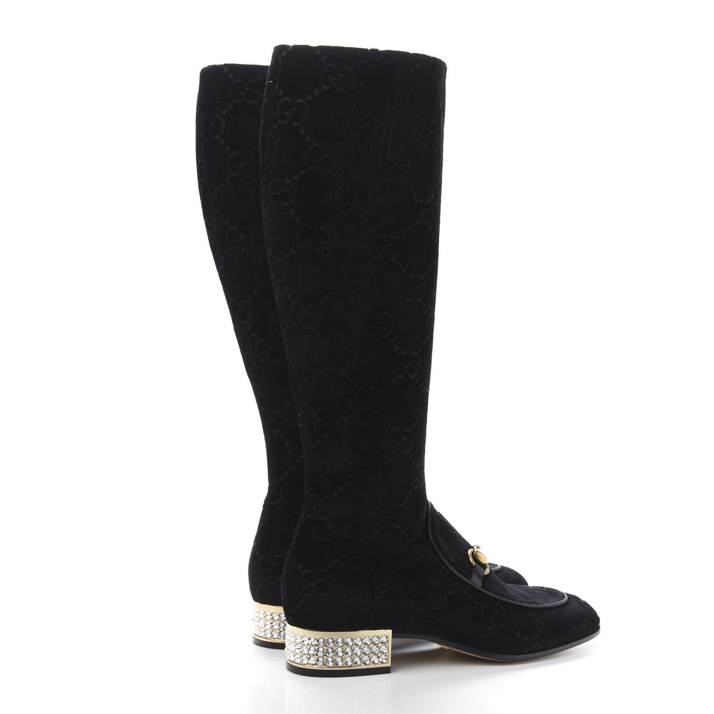 Velvet GG Monogram Crystal Horsebit Knee High Boots 38.5 Black