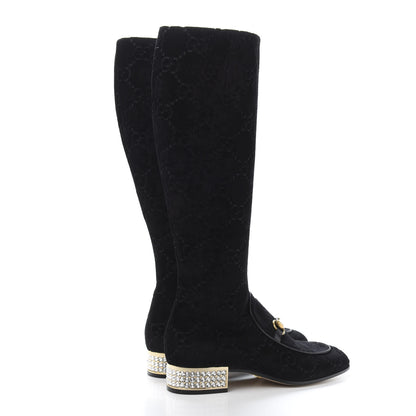 Gucci Velvet GG Monogram Crystal Horsebit Knee High Boots 38.5 Black 4 of 9