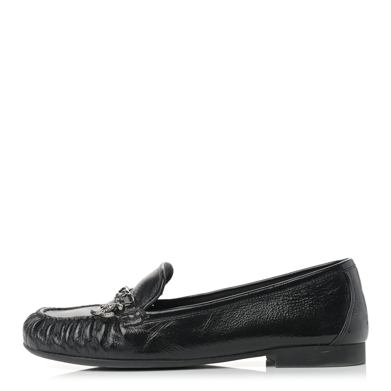Chanel Crackled Patent Calfskin CC Mocassin Loafers 38.5 Black 1 of 11