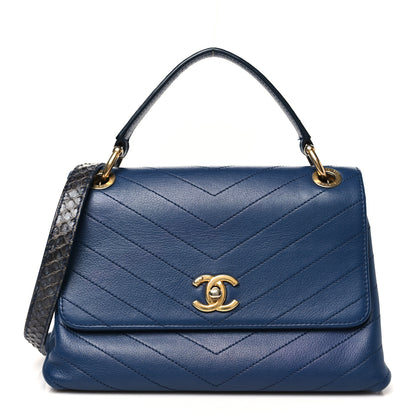 Chanel Grained Calfskin Snakeskin Small Chevron Chic Top Handle Flap Blue 1 of 11