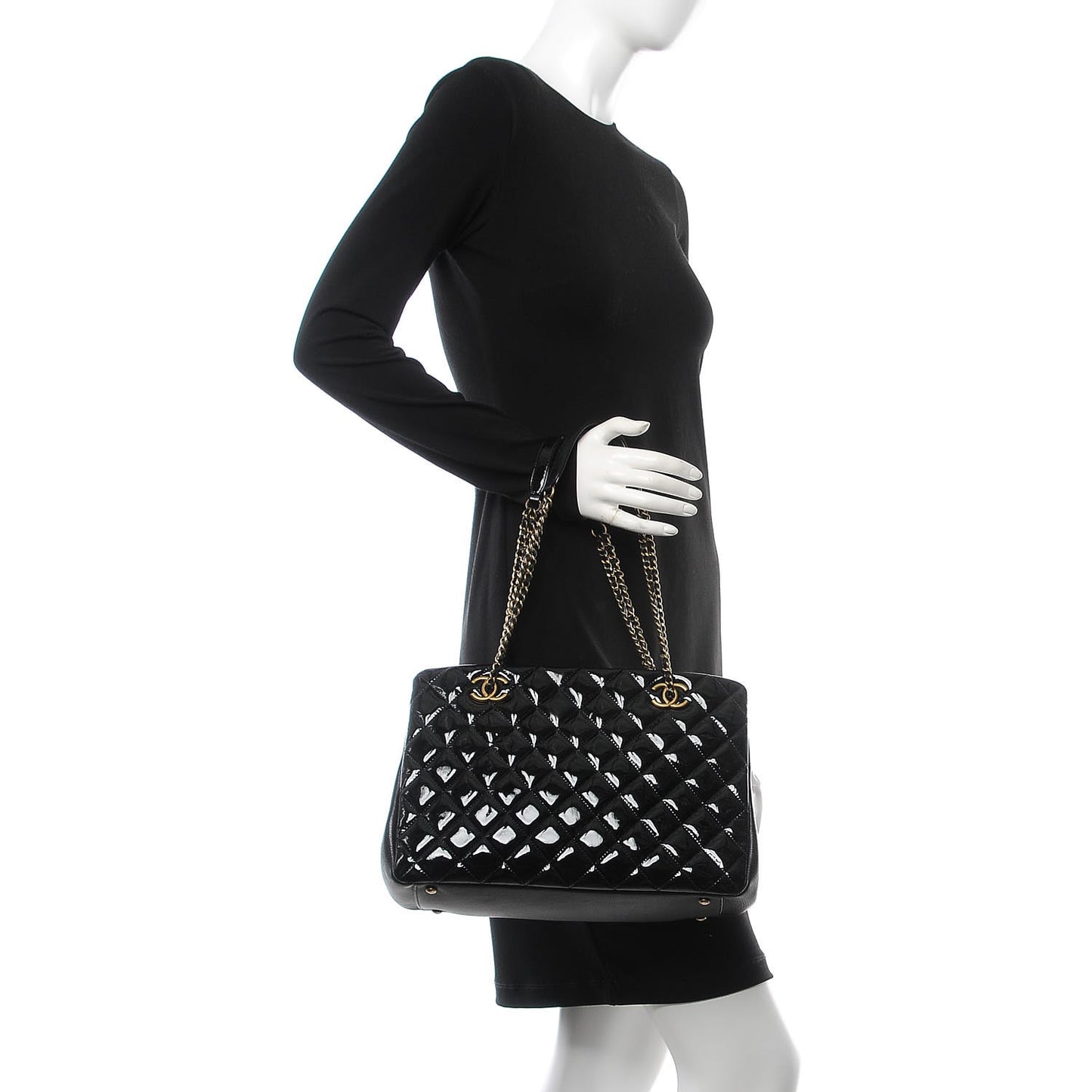 Patent Goatskin Quilted Small CC Eyelet Tote Black