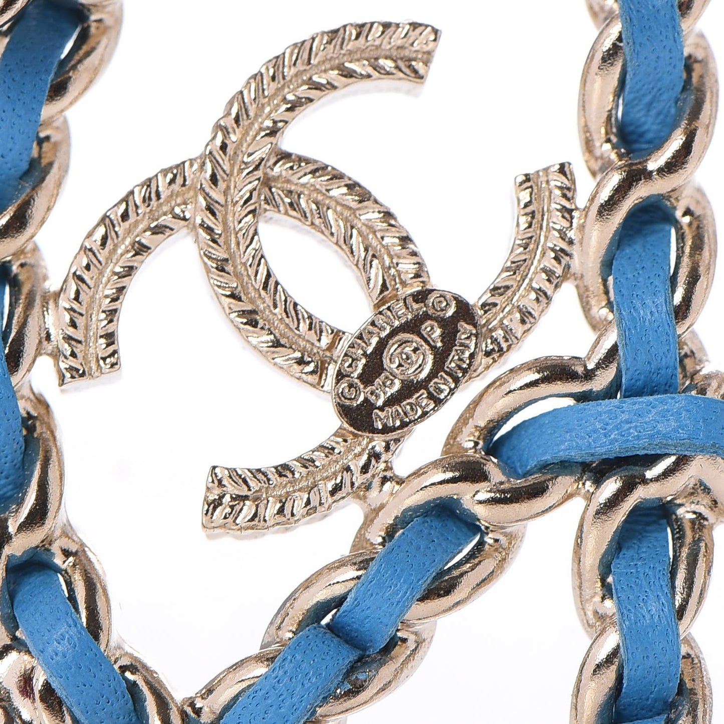 Metal Calfskin Braided Peace Sign CC Brooch Blue Purple Gold