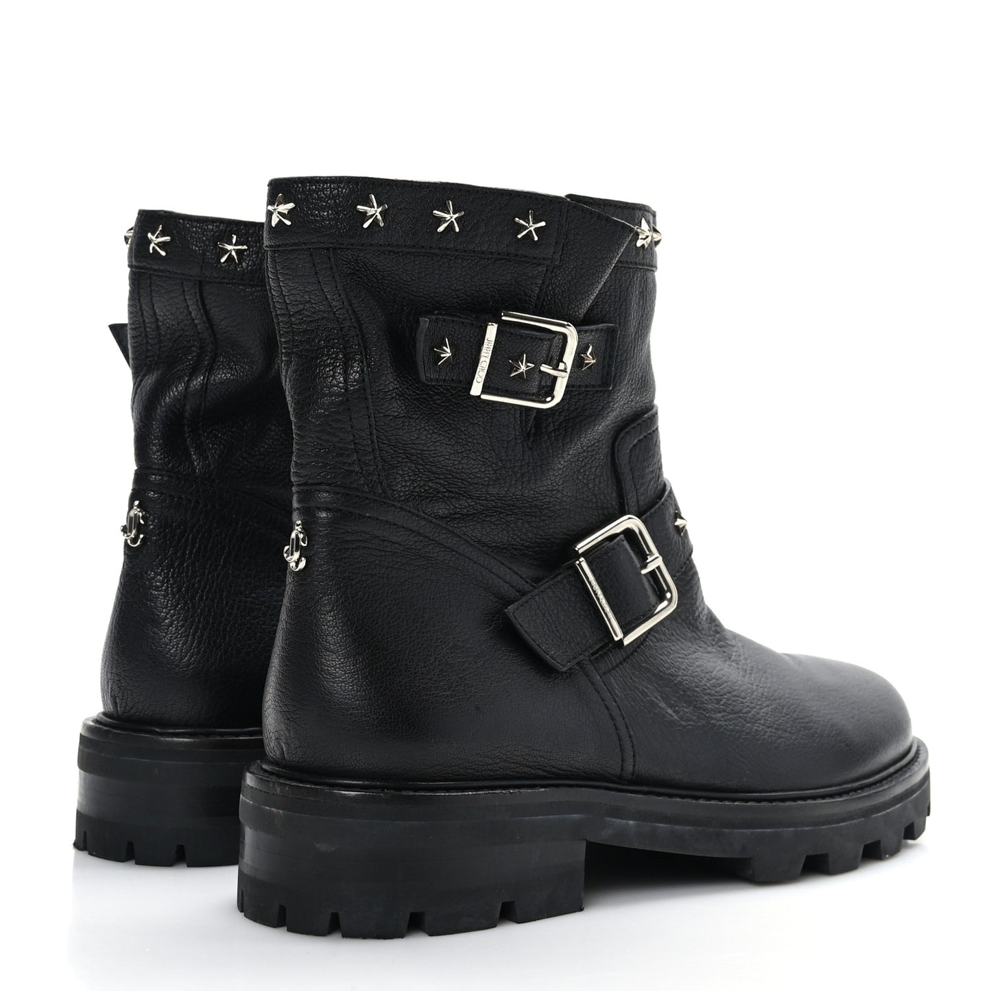 Grained Calfskin Star Biker Boots 40.5 Black