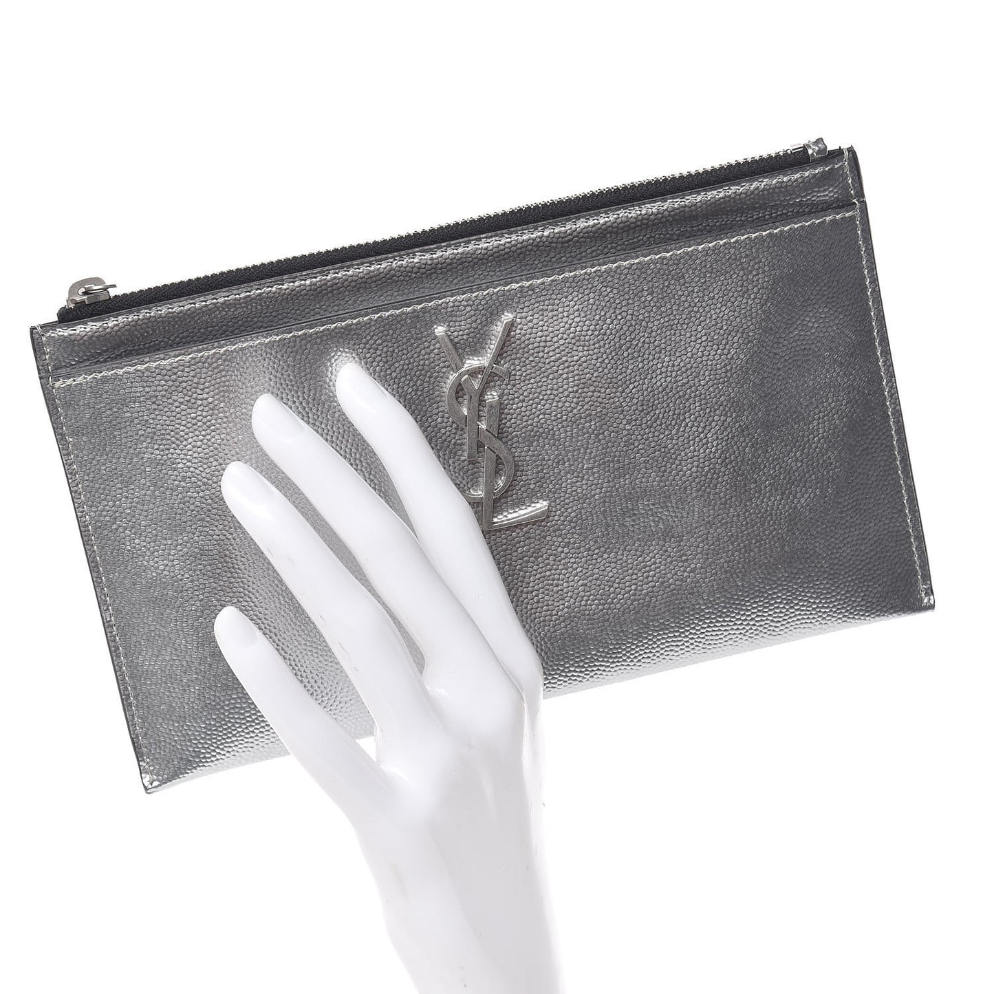 Metallic Grain De Poudre Monogram Bill Pouch Argento