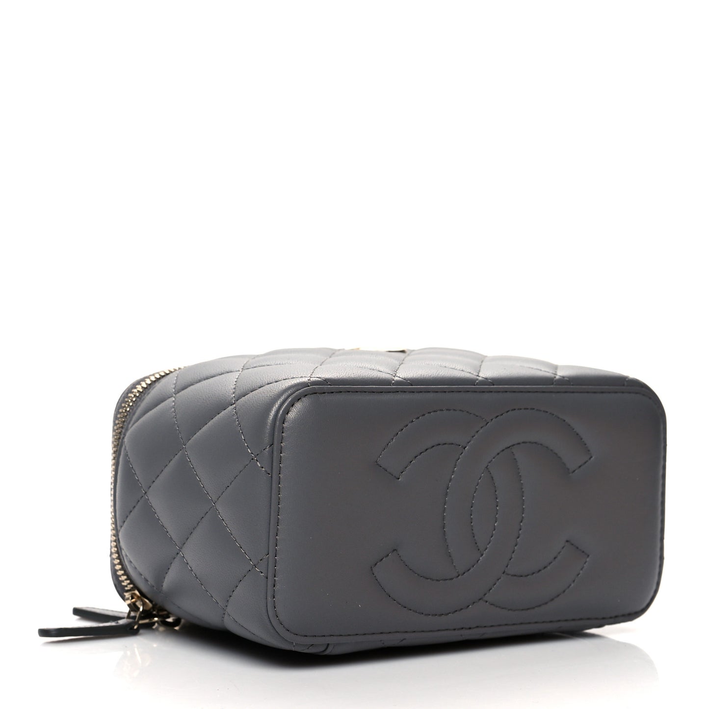 Lambskin Quilted Small Top Handle Vanity Case With Chain Grey