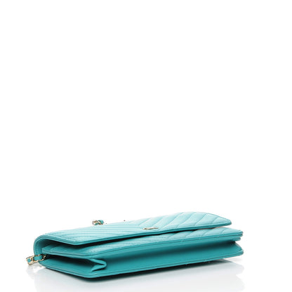 Chanel Lambskin Chevron Wallet On Chain WOC Turquoise 4 of 9