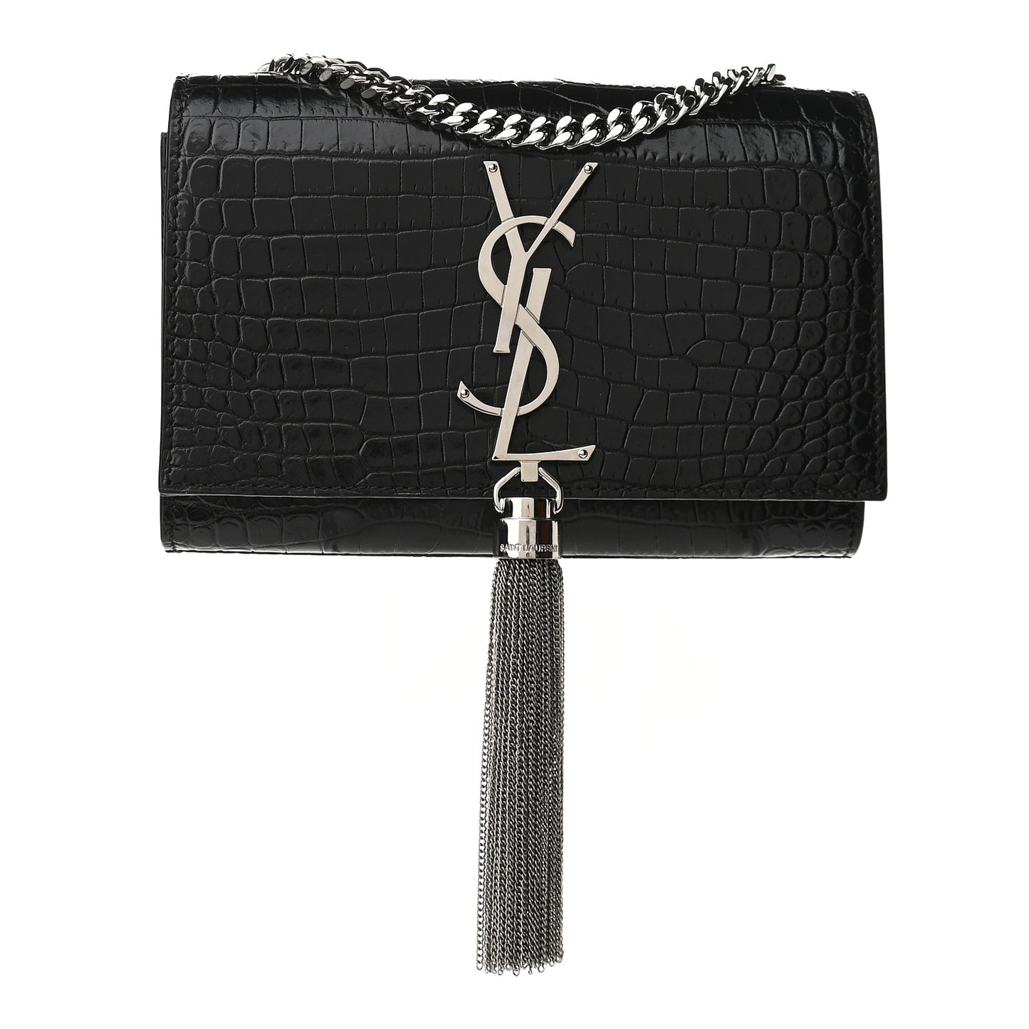 Calfskin Crocodile Embossed Small Classic Monogram Kate Tassel Satchel Black