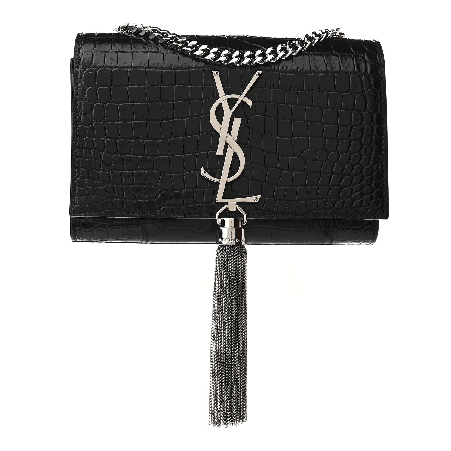 Saint Laurent Calfskin Crocodile Embossed Small Classic Monogram Kate Tassel Satchel Black 1 of 8