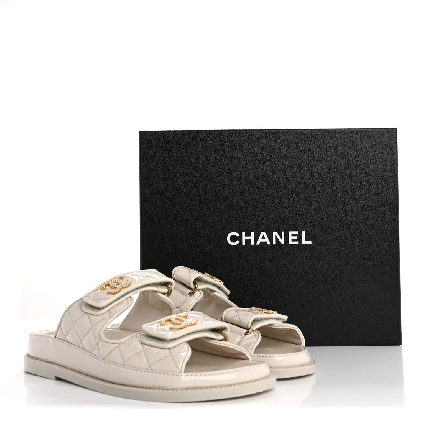 Shiny Calfskin Crystal Quilted Velcro Dad CC Slide Sandals 36.5 Light Beige
