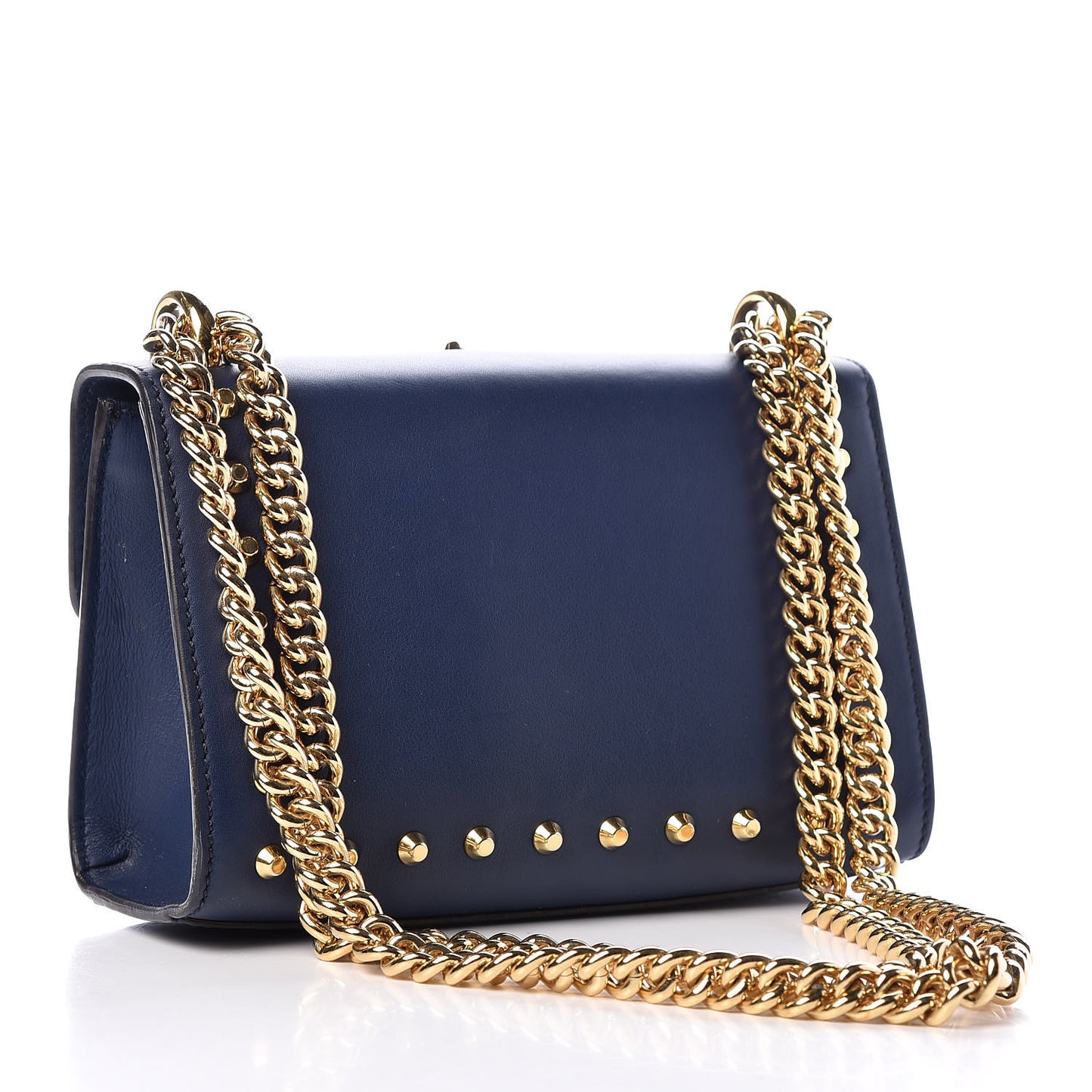 Calfskin Studded Small Padlock Shoulder Bag Blue Agata