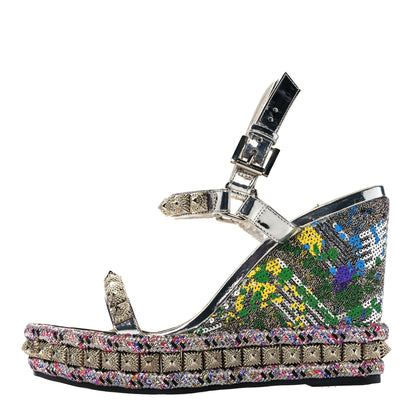 Christian Louboutin Paillette Pira Ryad 110 Wedge Sandals 38 Silver 1 of 11