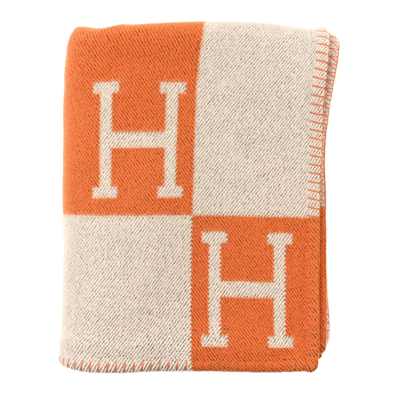 Hermes Wool Cashmere Signature Classic Avalon Blanket Ecru Potiron 1 of 3