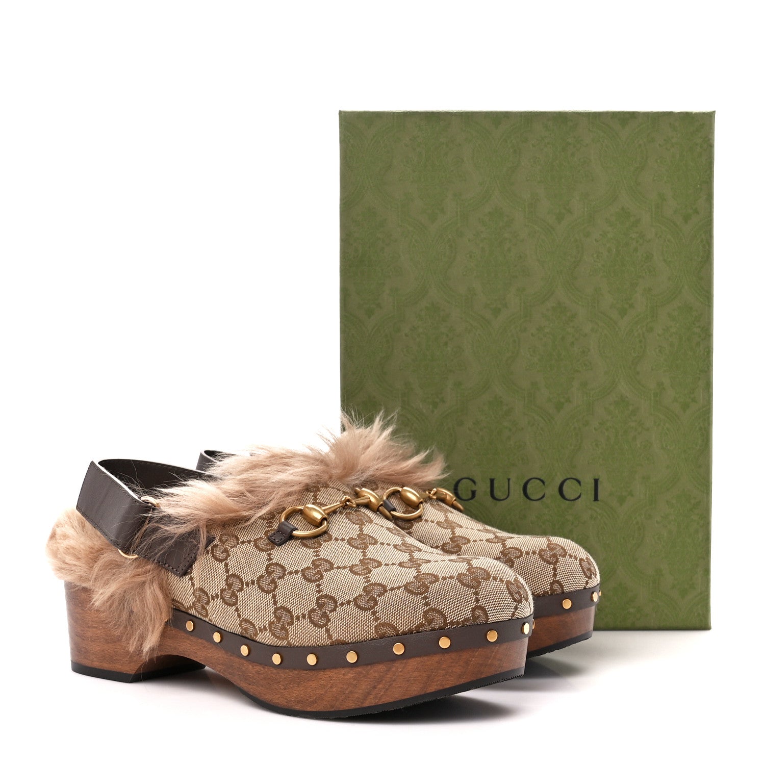 Gucci Monogram Calfskin Fur Horsebit Amstel Slingback Clogs 41 Beige Ebony New Acero Naturale 8 of 8