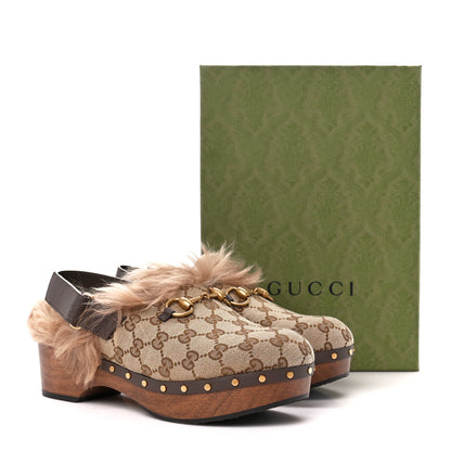 Gucci Monogram Calfskin Fur Horsebit Amstel Slingback Clogs 41 Beige Ebony New Acero Naturale 8 of 8