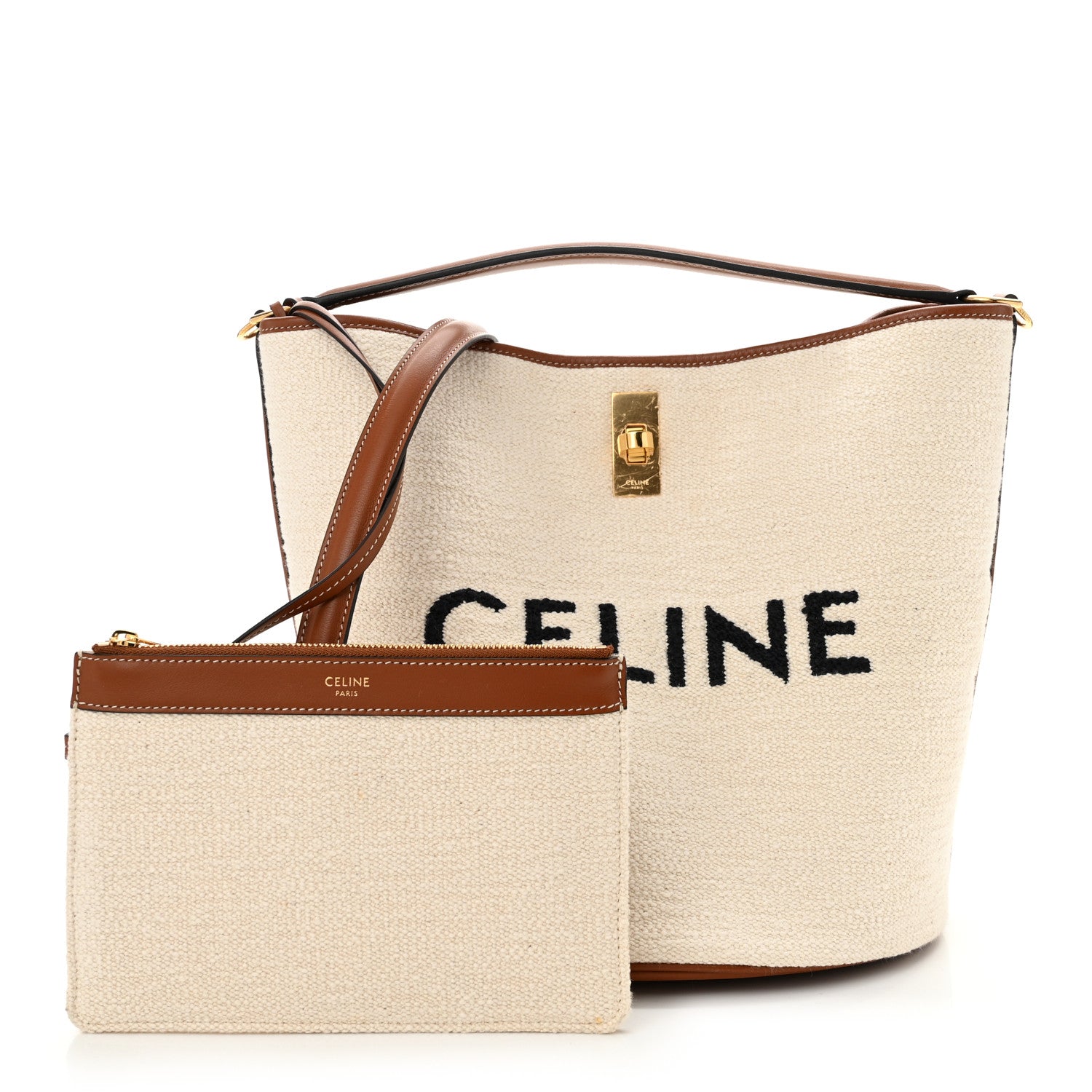 Celine Canvas Calfskin Logo Bucket 16 Bag Natural Tan 3 of 12