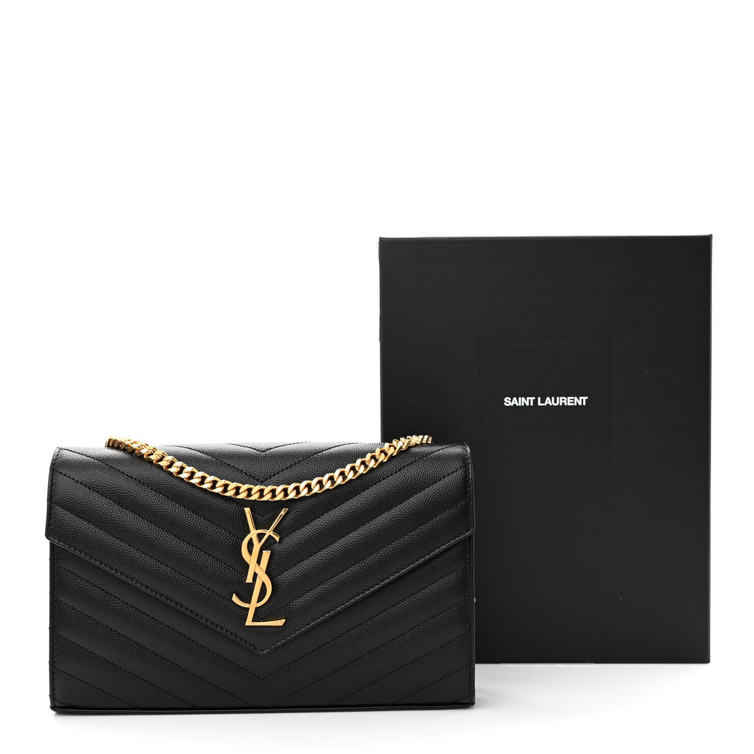 Saint Laurent Grain De Poudre Matelasse Chevron Monogram Chain Wallet Black 10 of 10