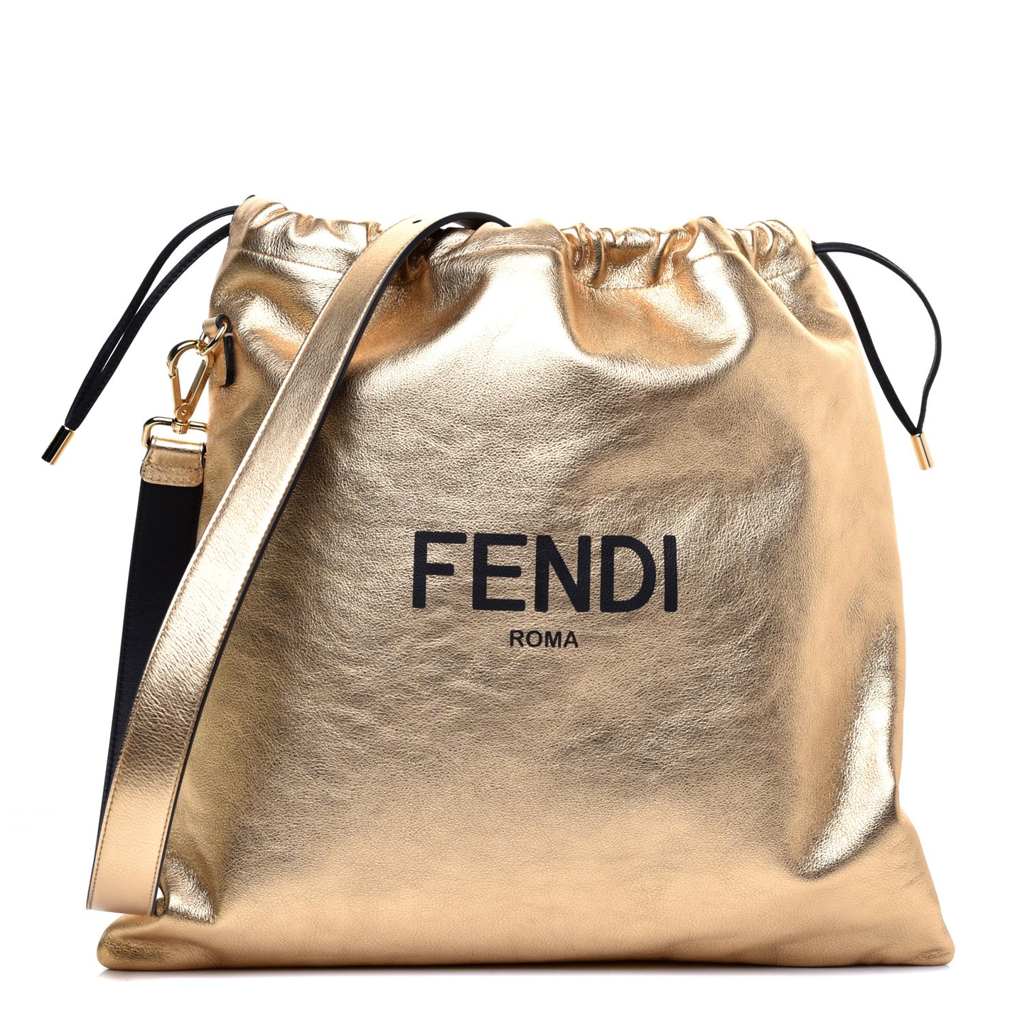 Laminated Calfskin Medium Drawstring Pouch Bag Oro Black