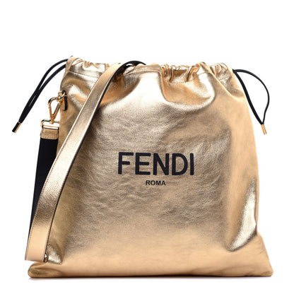 Fendi Laminated Calfskin Medium Drawstring Pouch Bag Oro Black 1 of 9