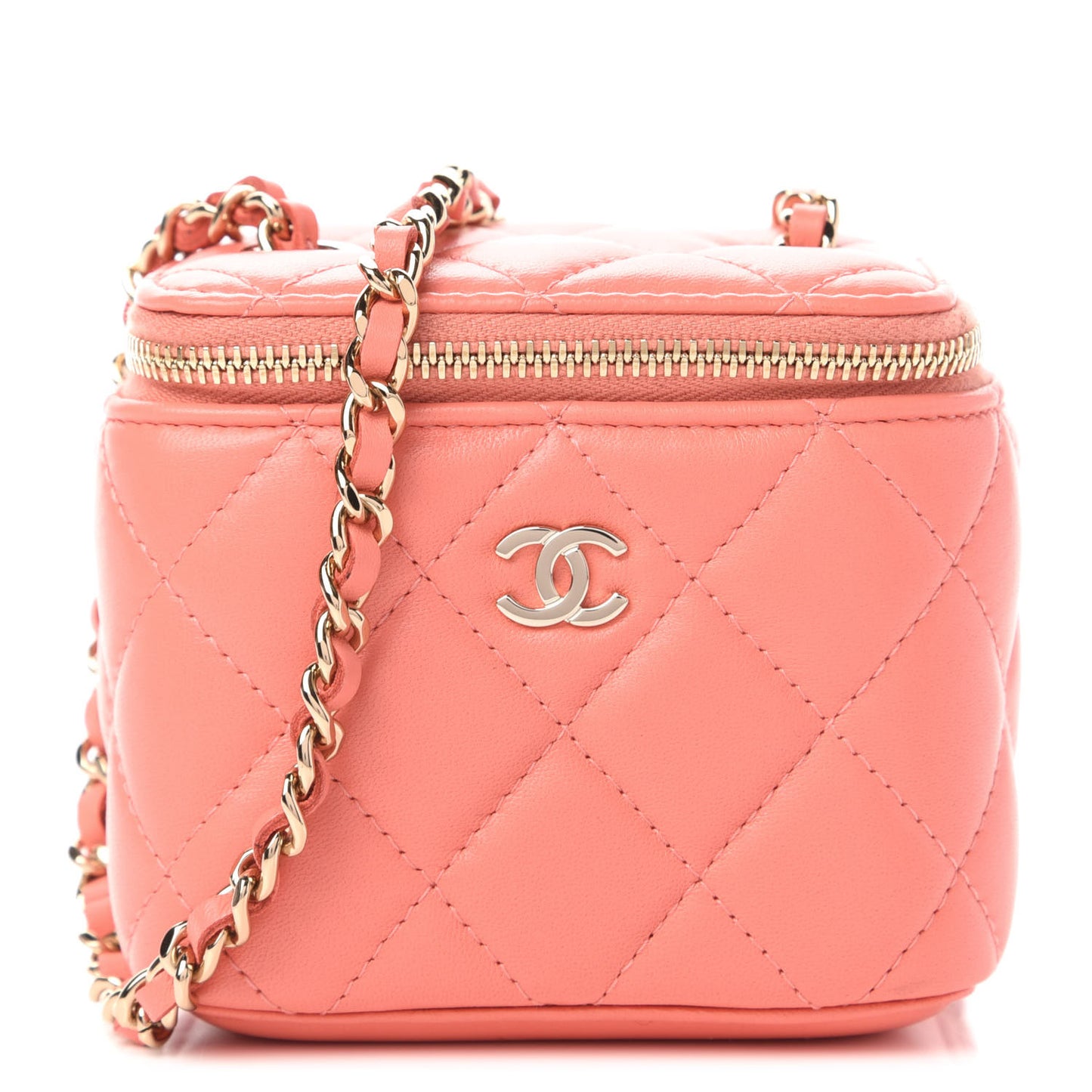 Lambskin Quilted Mini Vanity Case With Chain Coral
