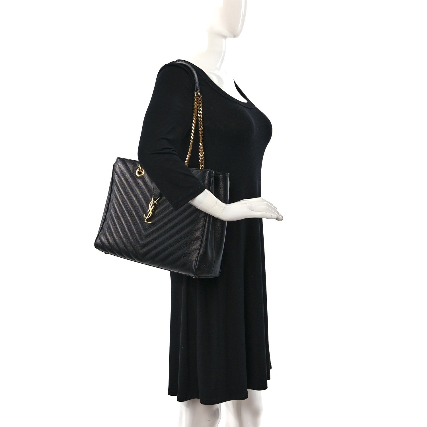 Saint Laurent Grain De Poudre Matelasse Chevron Monogram Shopping Bag Black 2 of 10