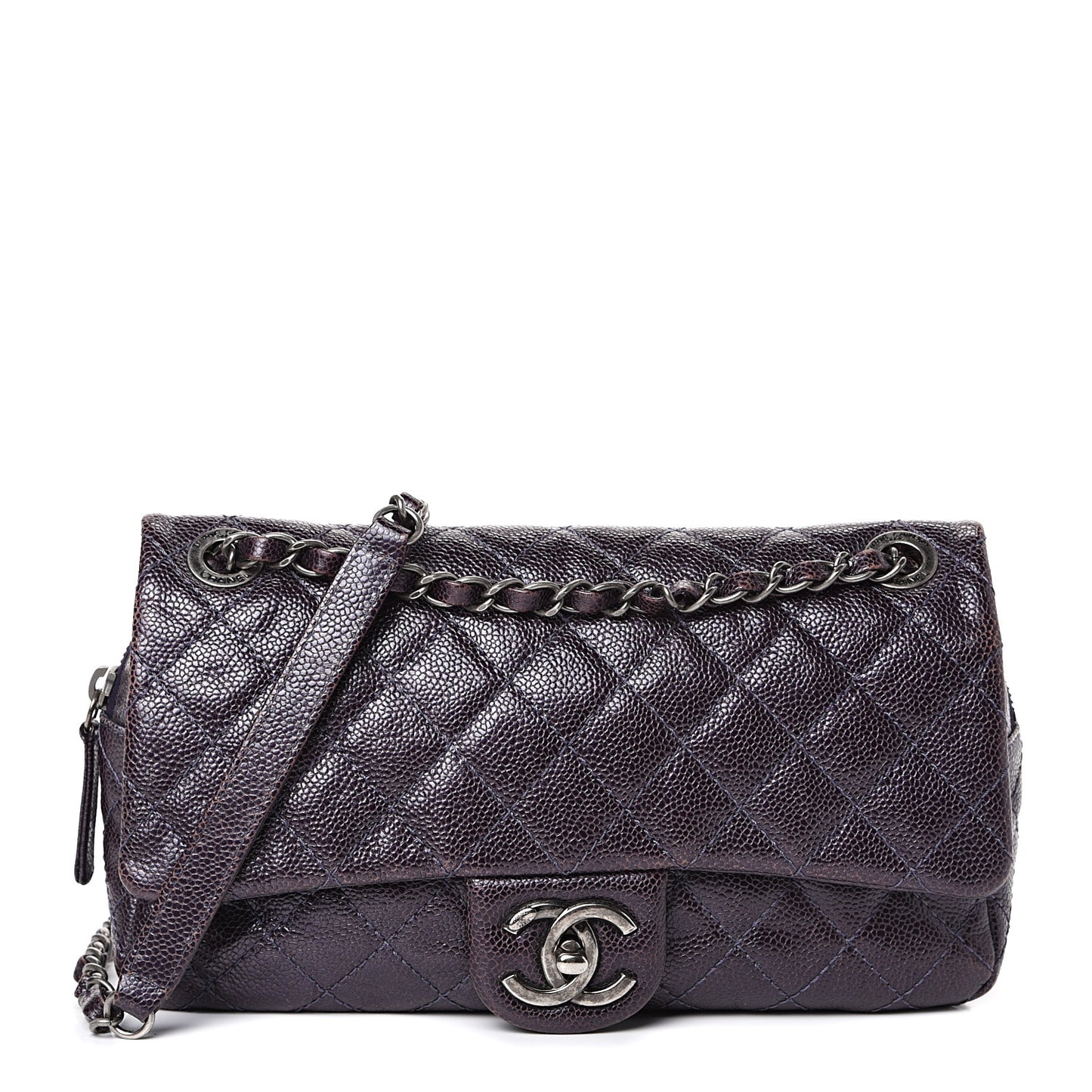 Iridescent Caviar Quilted Small Chic Flap Dark Purple