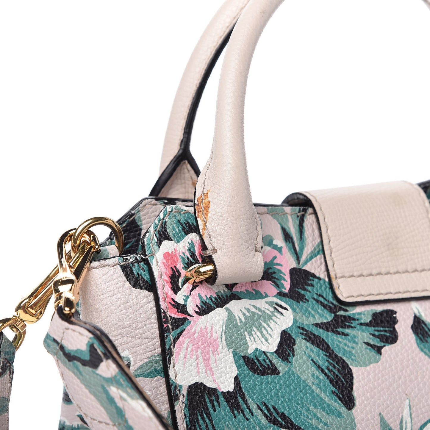 Soft Grain Calfskin Floral Print Medium Buckle Tote Natural Emerald Green