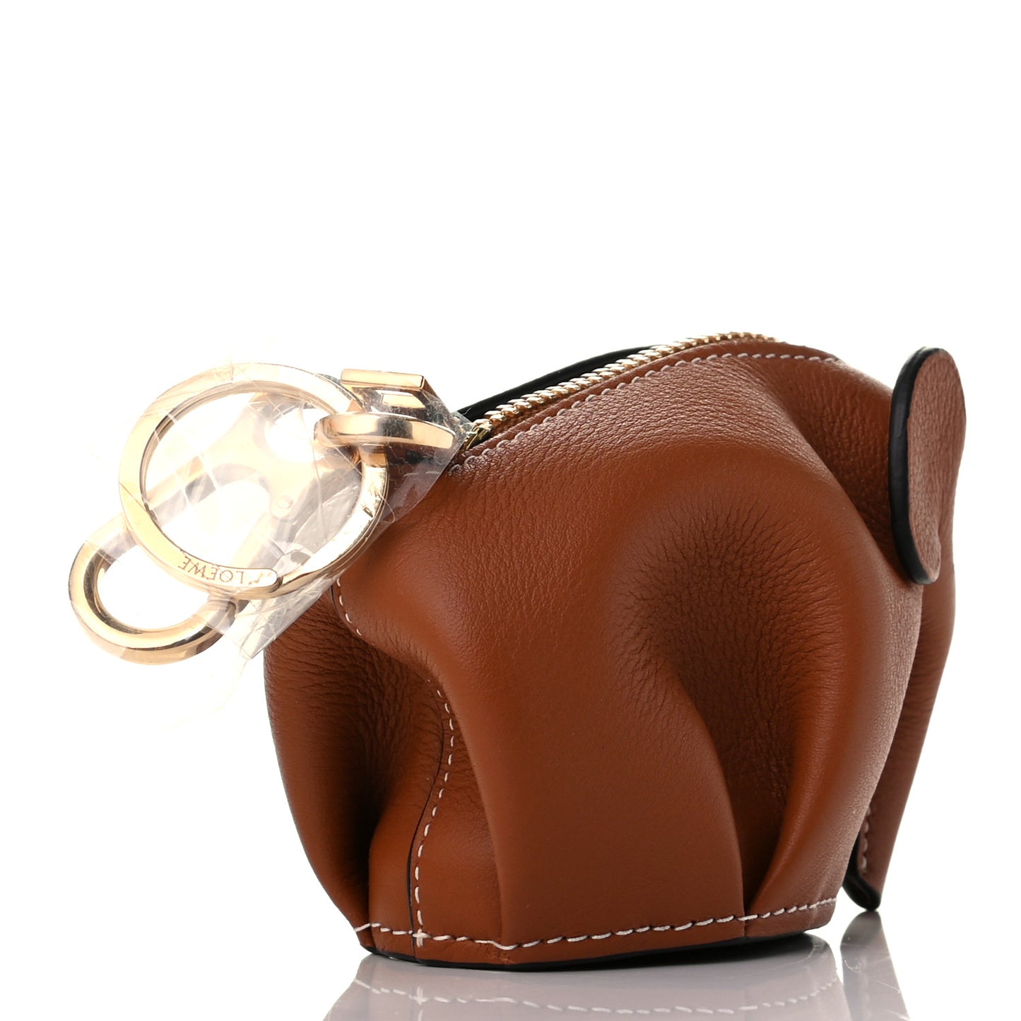 Calfskin Elephant Coin Purse Bag Charm Key Holder Tan