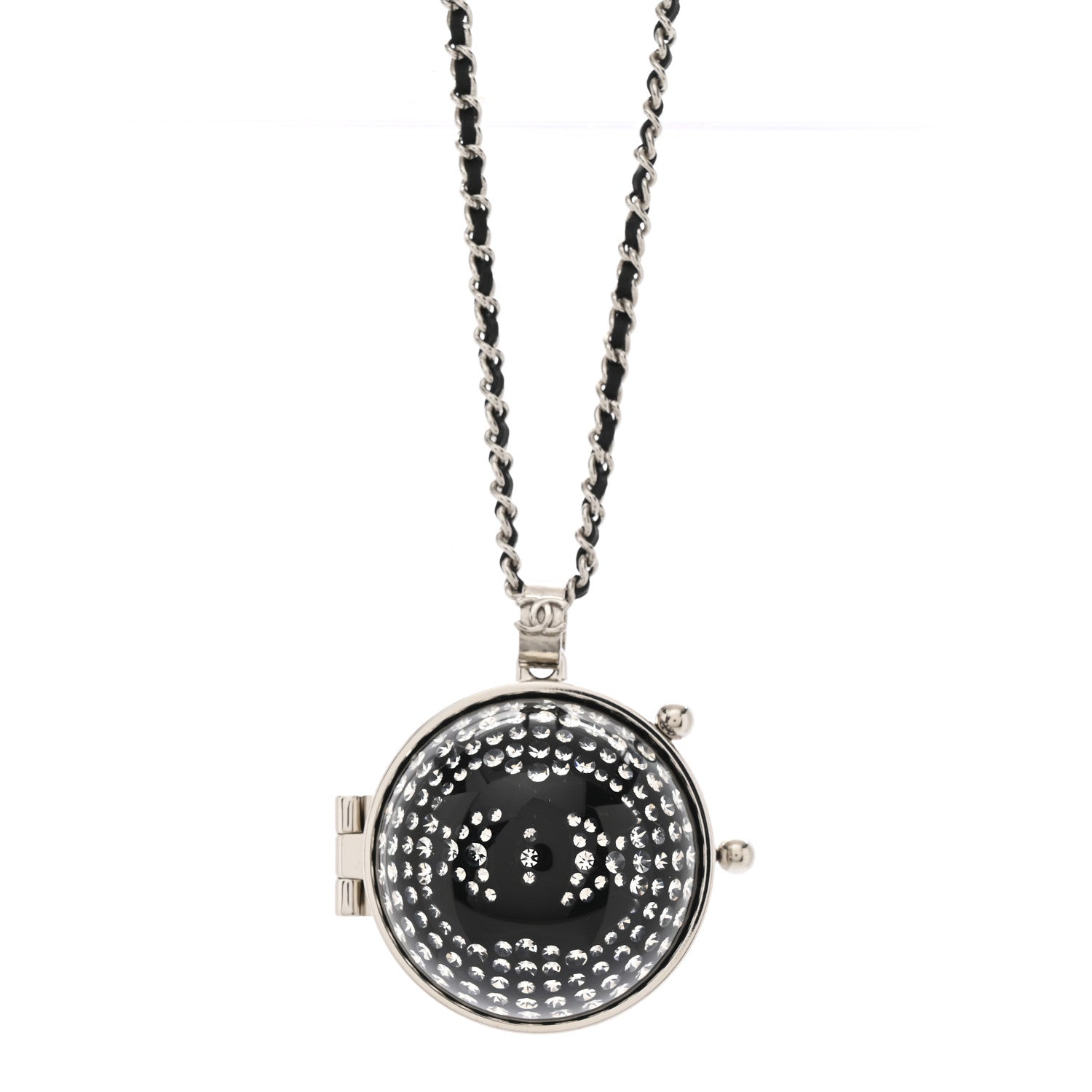 Chanel Resin Crystal Lambskin Ball Mirror Necklace Black Silver 4 of 7