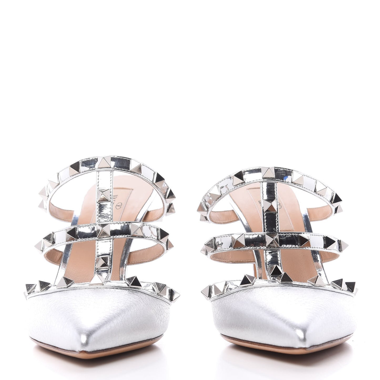 Metallic Pebbled Calfskin Rockstud 90mm Cage Mules 36.5 Silver