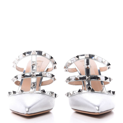 Valentino Garavani Metallic Pebbled Calfskin Rockstud 90mm Cage Mules 36.5 Silver 2 of 10