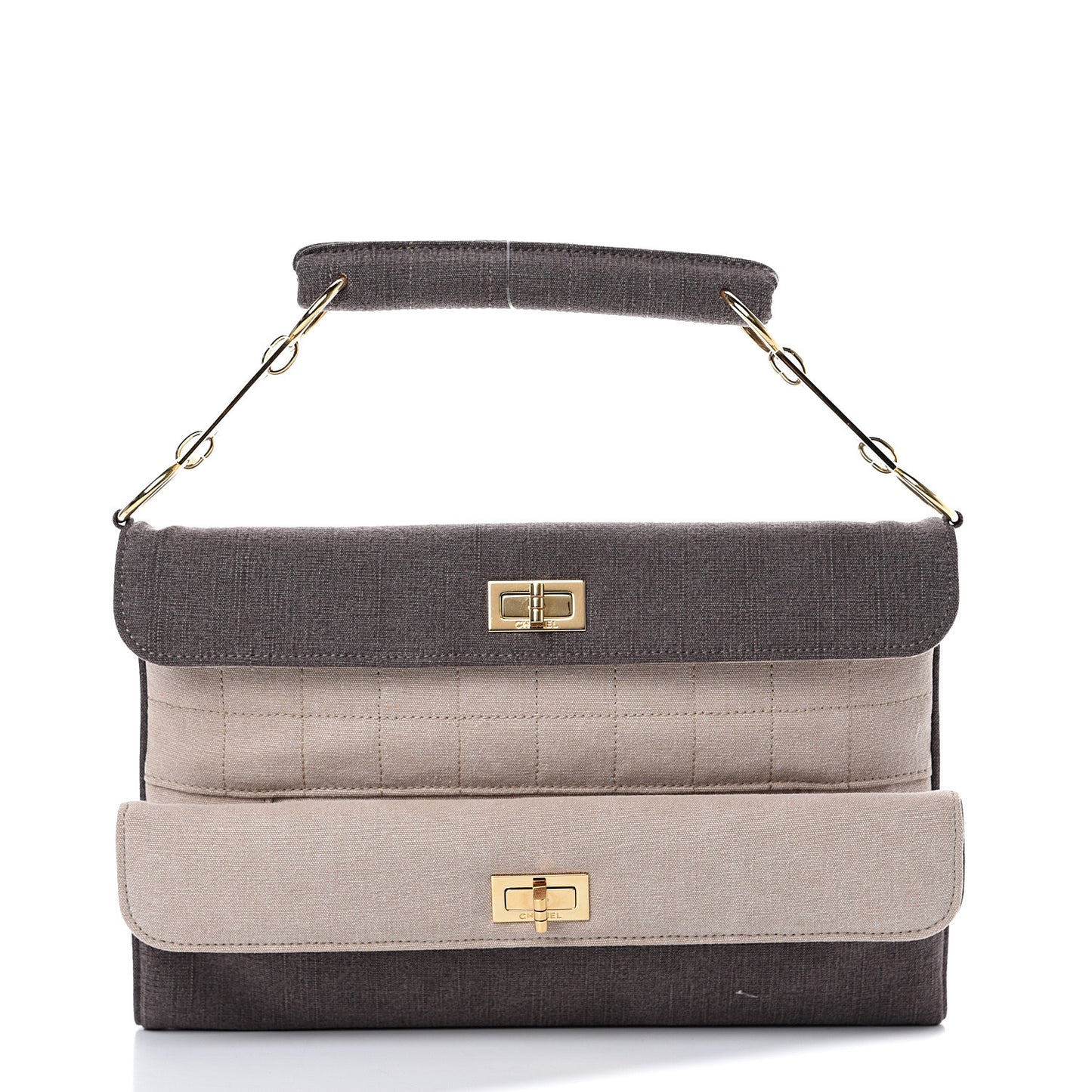 Canvas Chocolate Bar Mademoiselle Double Flap Clutch Beige Brown