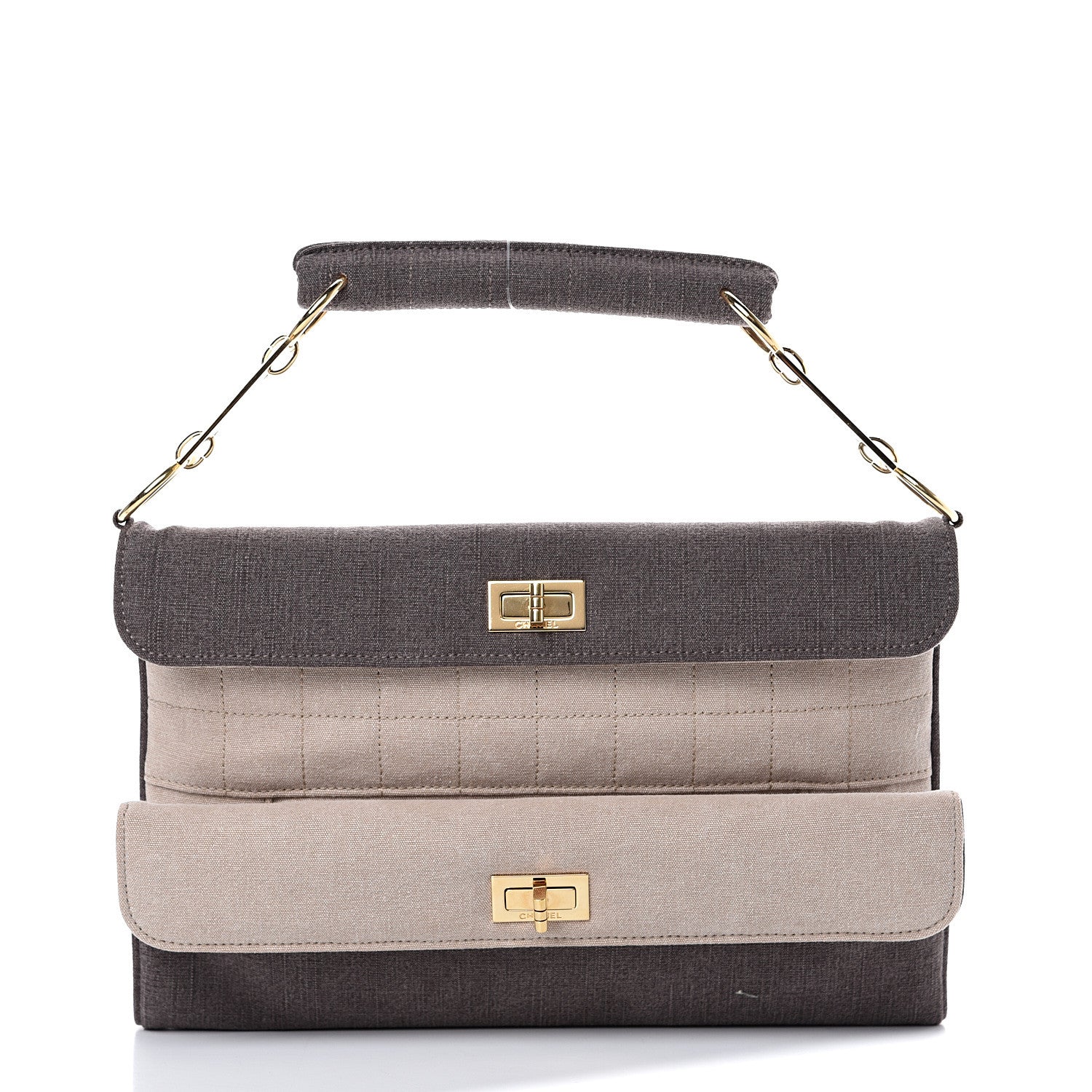Chanel Canvas Chocolate Bar Mademoiselle Double Flap Clutch Beige Brown 1 of 10