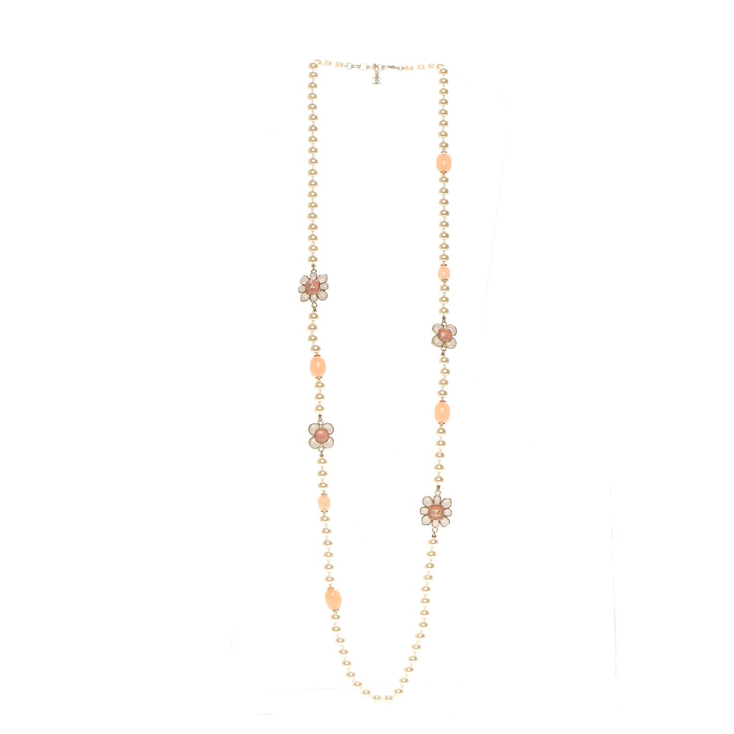 Pearl Gripoix Poured Glass CC Korean Blossom Long Necklace Pink Gold