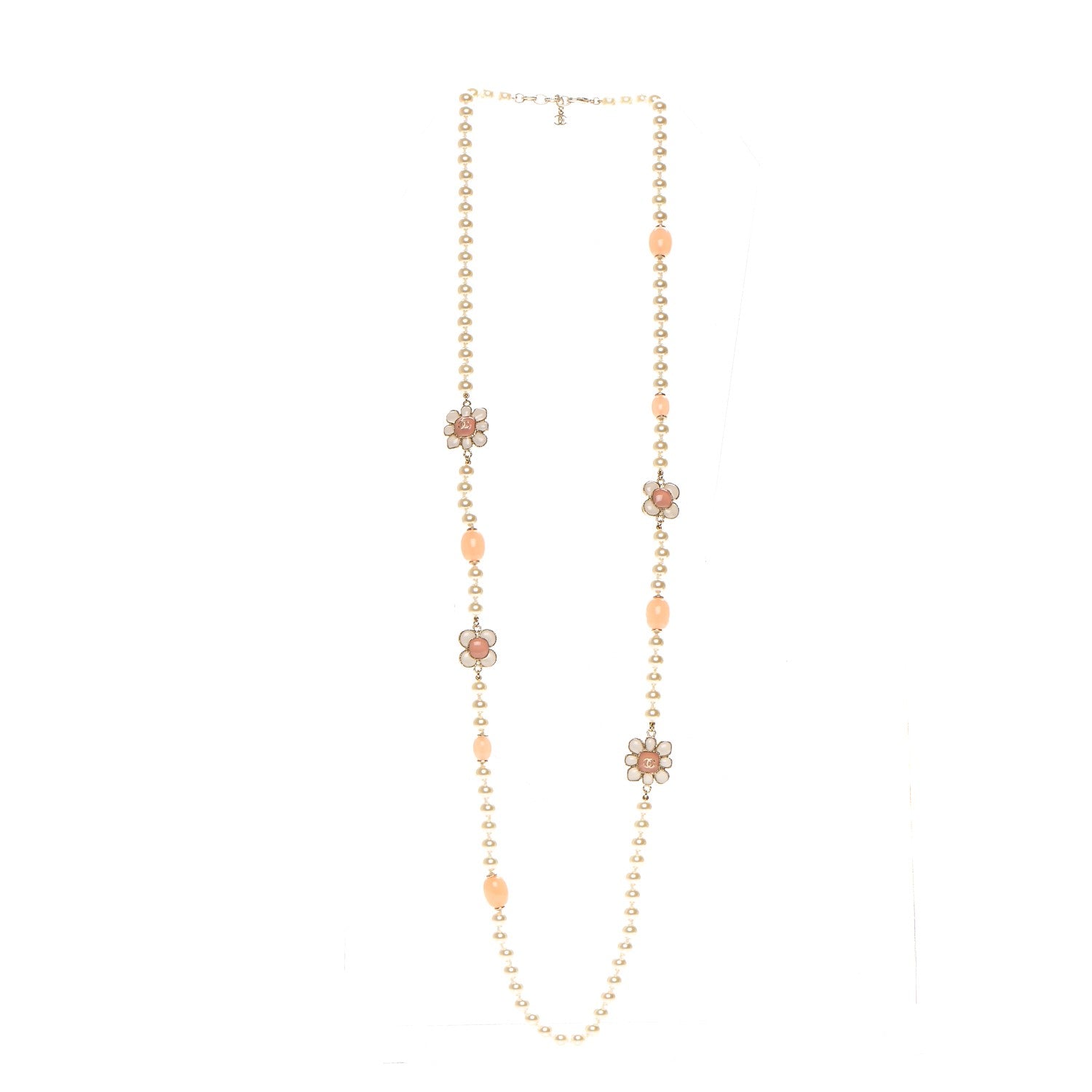 Chanel Pearl Gripoix Poured Glass CC Korean Blossom Long Necklace Pink Gold 3 of 4